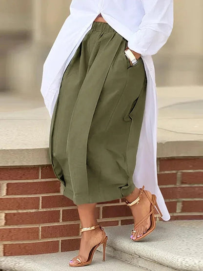 Solid Color Pockets Pleated Wide Leg Loose Pants