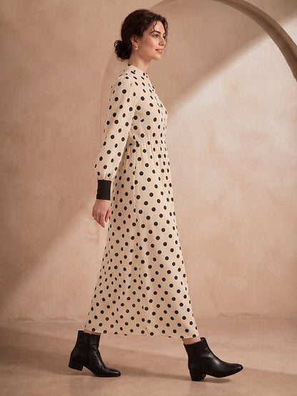 Split-Joint Polka-Dot Pockets Elasticity Buttoned Loose Long Sleeves Lapel Midi Dresses