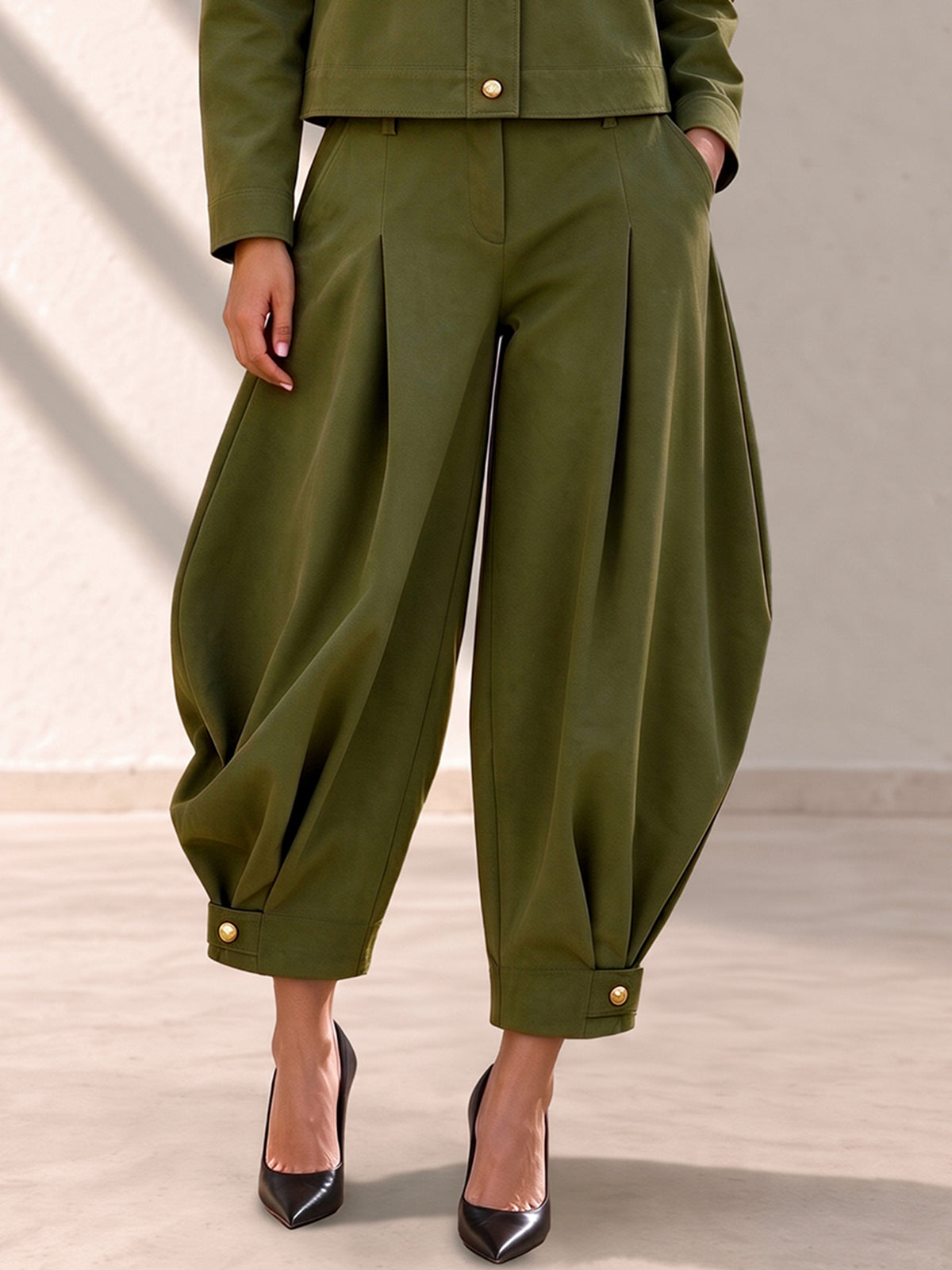 Solid Color Pockets Pleated Buttoned High Waisted Harem Pants Pants Cropped Trousers