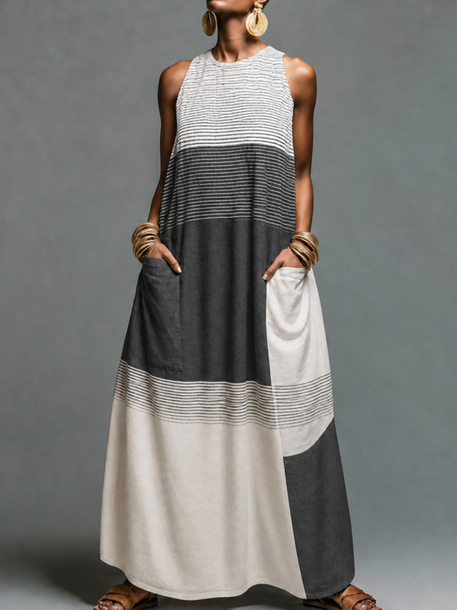 Striped Split-Joint Printed Pockets Contrast Color Sleeveless Loose Round-neck Maxi Dresses