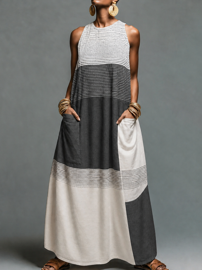Striped Split-Joint Printed Pockets Contrast Color Sleeveless Loose Round-neck Maxi Dresses