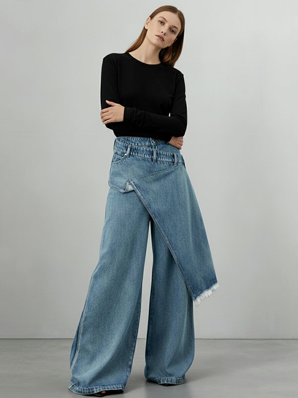 High Waisted Irregularity Asymmetric Buttoned Fringed Interlace Layered Pockets Solid Color Jean Pants Bottoms