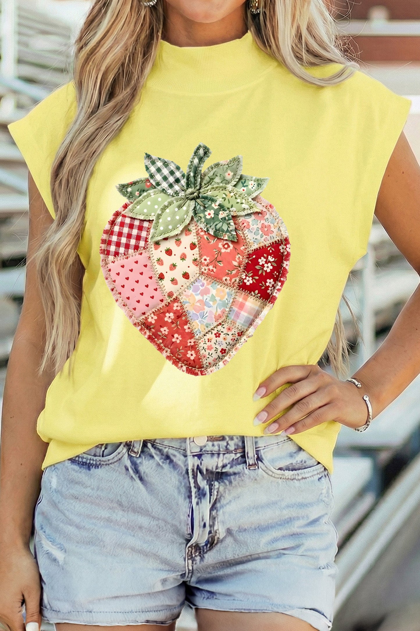 Yellow Faux Patchwork Strawberry Printed Mock Neck Tee