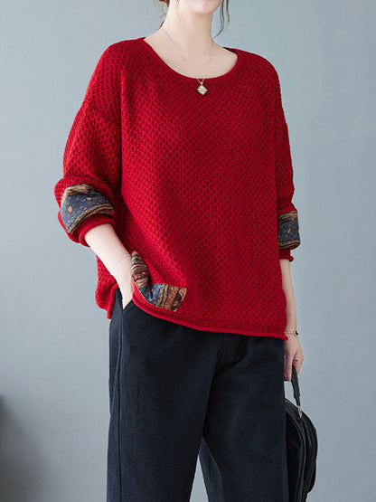 Long Sleeves Loose Printed Split-Joint Round-Neck Pullovers Sweater Tops