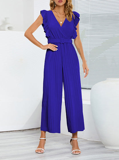 High Waisted Loose Belted Pleated Ruffled Solid Color V-Neck Jumpsuits