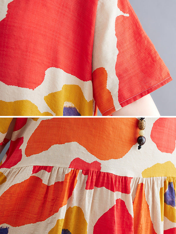 Künstlerische Retro-Kurzarm-Midikleider mit lockerem Kontrastfarbdruck und Rundhalsausschnitt 