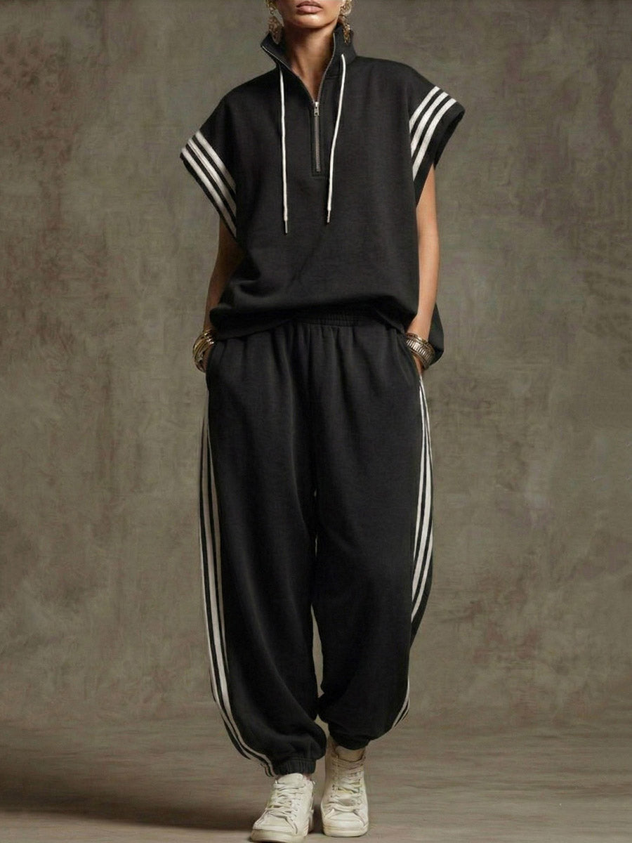 Ankle-Tied Loose Contrast Color Pleated Pockets Split-Joint Striped Pants Trousers