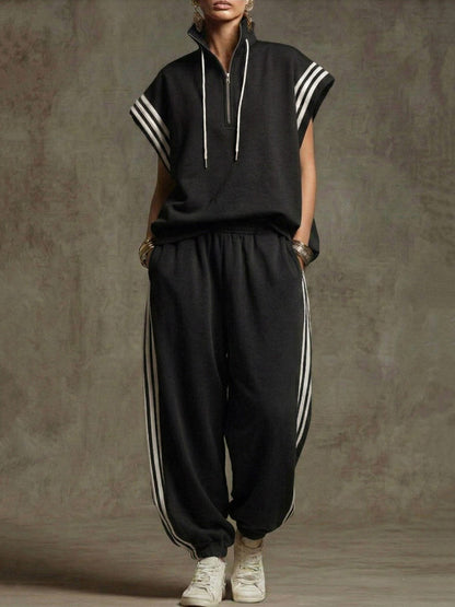 Ankle-Tied Loose Contrast Color Pleated Pockets Split-Joint Striped Pants Trousers