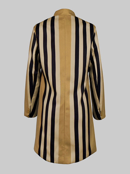 Long Sleeves Loose Buttoned Split-Joint Striped Stand Collar Woolen Coat