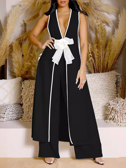 Ensemble deux pièces haut sans manches à col en V et pantalon large de couleur contrastée 