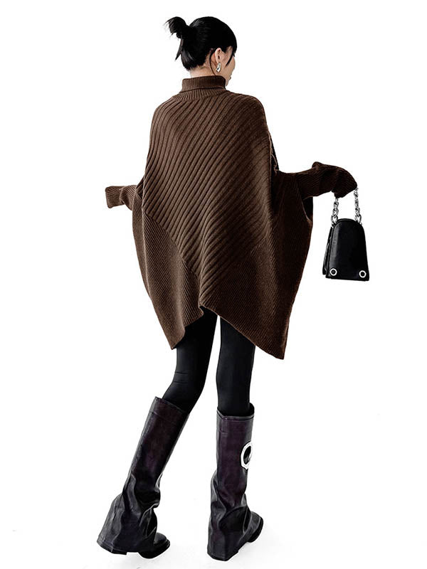 Batwing Sleeves Irregularity Asymmetric Ribbed Knit Solid Color Split-Joint High Neck Sweater Tops
