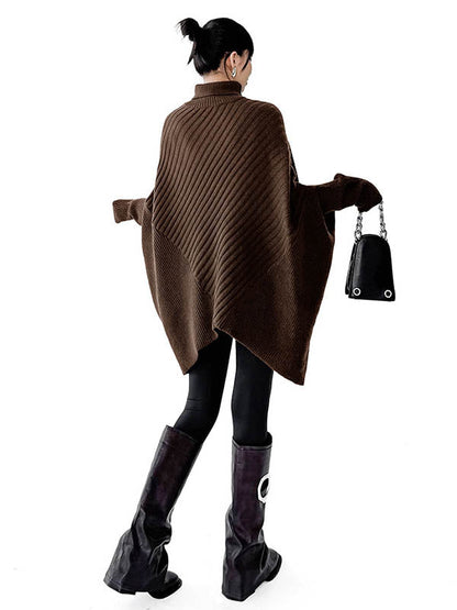 Batwing Sleeves Irregularity Asymmetric Ribbed Knit Solid Color Split-Joint High Neck Sweater Tops