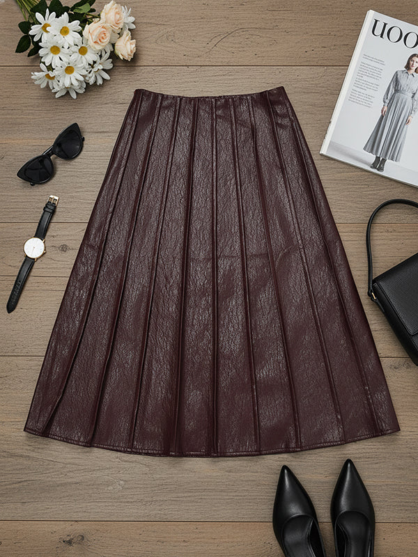 Loose Elastics Pleated Solid Color Zipper Skirts Bottoms