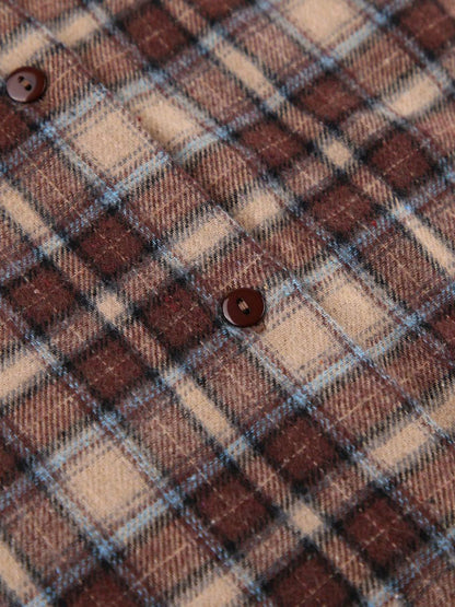 Long Sleeves Loose Buttoned Contrast Color Plaid Split-Joint Lapel Blouses&Shirts Tops Outerwear