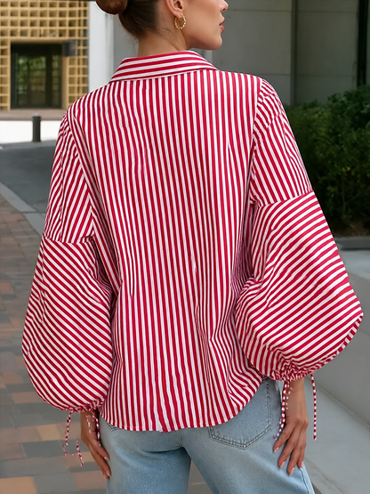 Striped Split-Joint Drawstring Buttoned Puff Sleeves Loose Lapel Blouses&shirts Tops