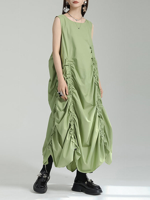 Robe mi-longue ample sans manches, asymétrique, élastique, plissée, couleur unie, col rond 