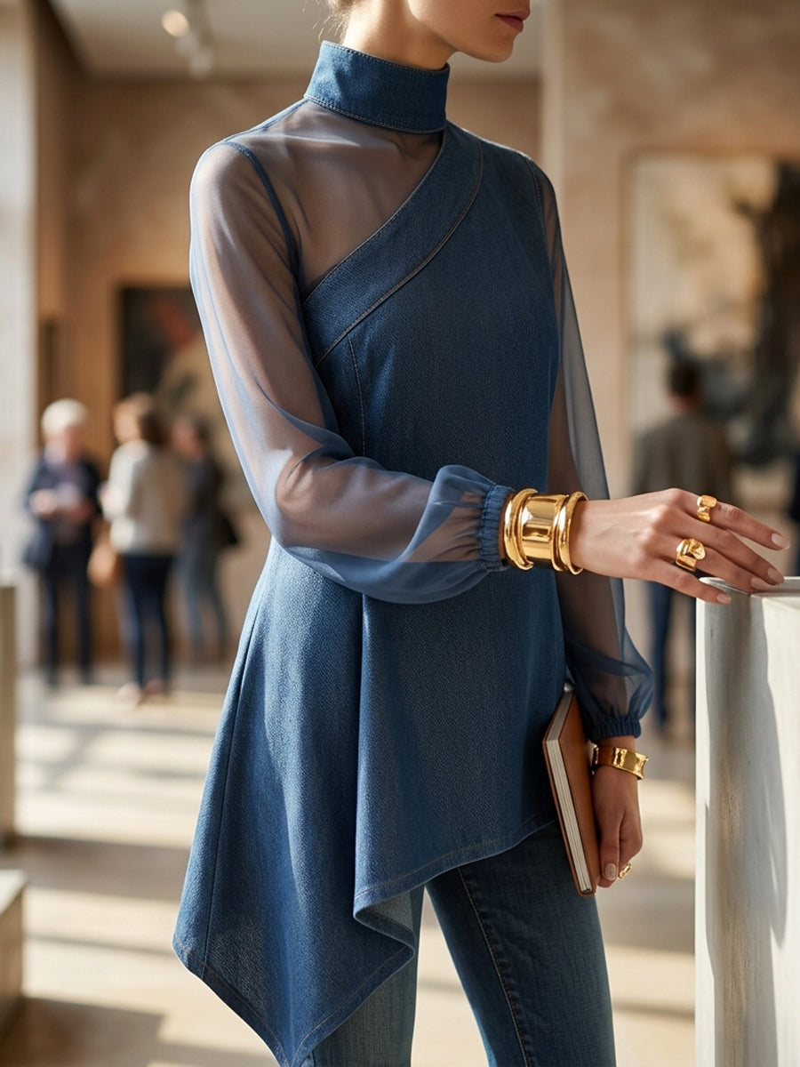 Split-Joint Mesh Asymmetric Puff Sleeves Long Sleeves Mock Neck Blouses&Shirts Tops