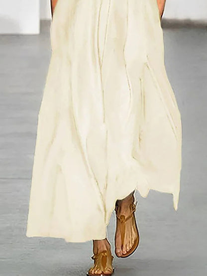 Loose Short Sleeves Flower-Embellished See-Through Split-Joint Round-neck Maxi Dresses