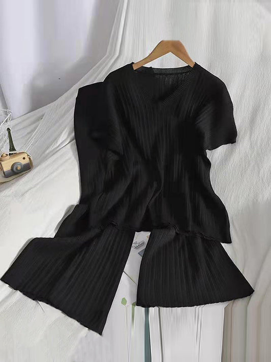 Loose Knitting Raglan Sleeve Solid Color V-Neck Sweater Top + Pants Two Pieces Set