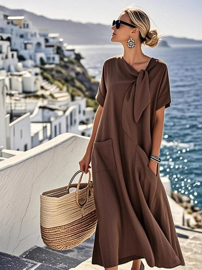 Loose Plus Size Asymmetric Knot Pockets Solid Color Bow Collar Maxi Dresses