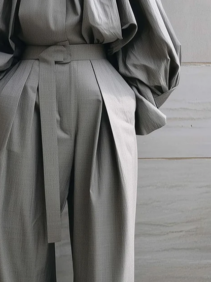 High Waisted Wide Leg Belted Pleated Pockets Solid Color Pants Trousers
