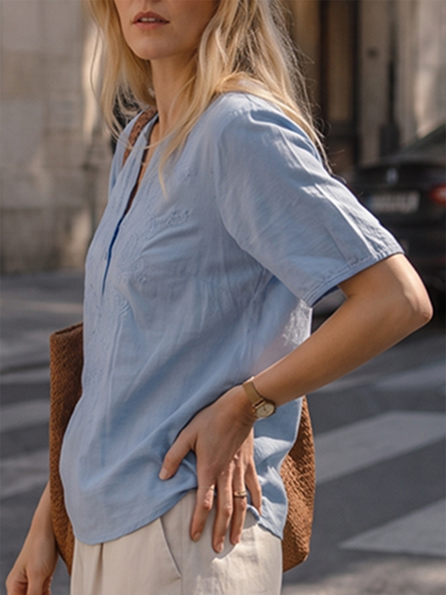 Solid Color Embroidered Buttoned Loose Half Sleeves Round-neck Blouses&shirts Tops