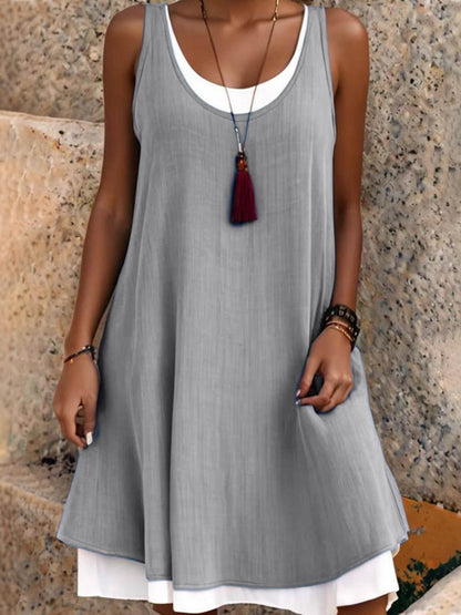 A-Line False Two Solid Color Split-Joint U-Neck Midi Dresses