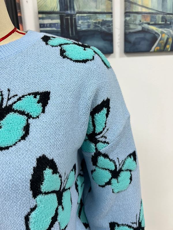 Original Long Sleeves Loose Butterfly Print Contrast Color Round-Neck Sweater Tops