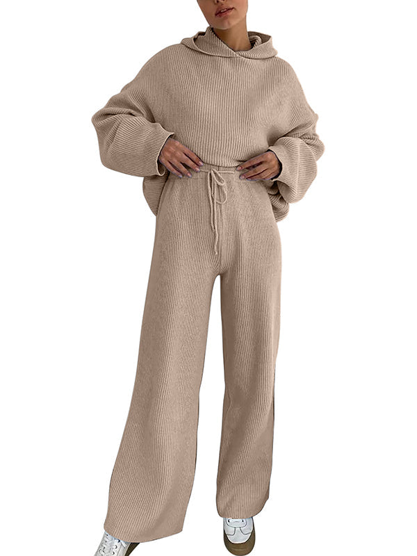 Ensemble deux pièces : pull ample à manches longues et col rond, couleur unie, avec capuche et pantalon à cordon de serrage 