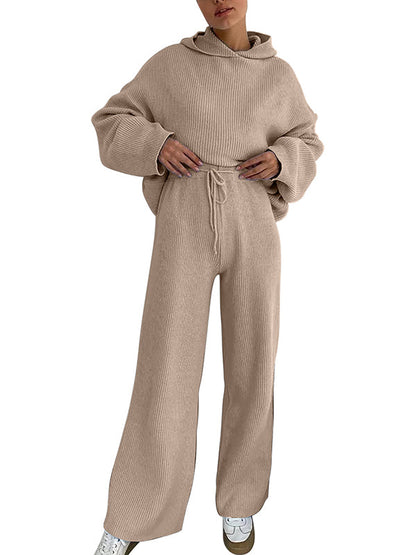 Ensemble deux pièces : pull ample à manches longues et col rond, couleur unie, avec capuche et pantalon à cordon de serrage 