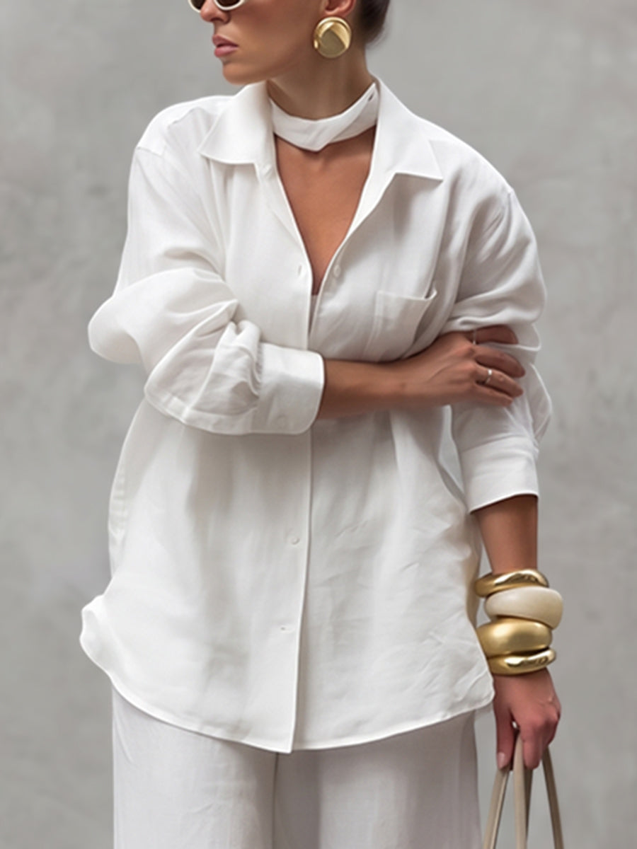 Tied Solid Color Pockets Buttoned Loose Long Sleeves Lapel Blouses&shirts Tops
