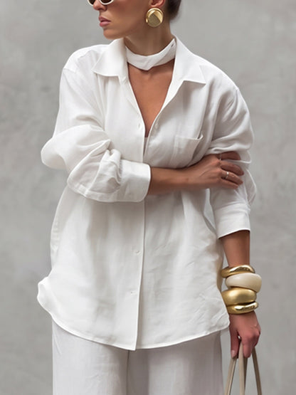 Tied Solid Color Pockets Buttoned Loose Long Sleeves Lapel Blouses&shirts Tops
