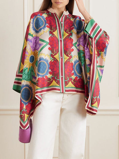 Fledermausärmel High-Low-Knöpfe Blumendruck Stehkragen Blusen &amp; Hemden Tops 