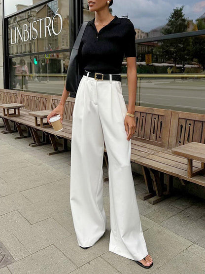 High Waisted Loose No Belt Pleated Pockets Solid Color Suit Pants Trousers