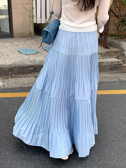 A-Line High Waisted Pleated Solid Color Split-Joint Skirts Bottoms BLUE One_size