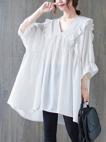 Loose Ruffle Sleeves Ruffled Solid Color Peter Pan Collar Blouses&Shirts Tops