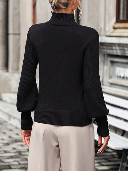 Lange Ärmel, lockere, perlenbesetzte Pullover mit geteiltem Kragen und hohem Kragen 