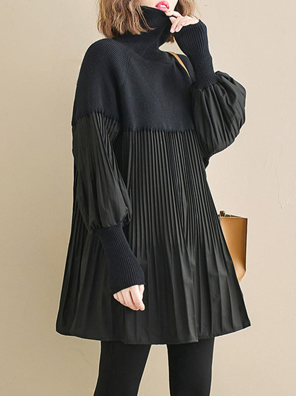 Knitting Pleats Split-Joint High-Neck Pullover Top