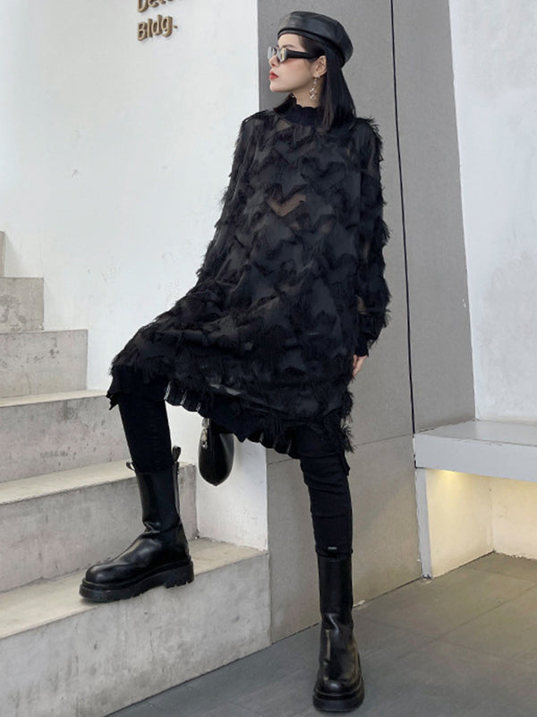 Irregularity Long Sleeves Asymmetric Mesh Pockets See-Through Solid Color Split-Joint Tasseled Stand Collar Midi Dresses