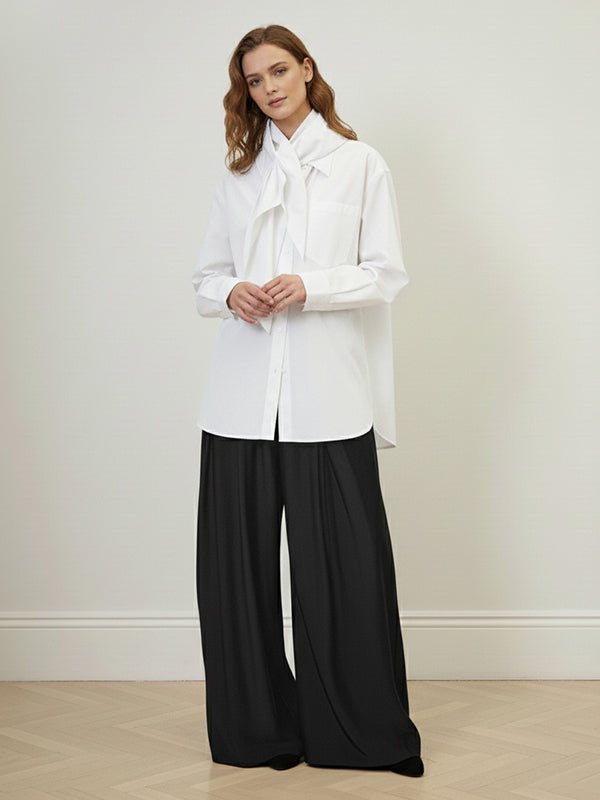 Long Sleeves Loose Buttoned Neckerchief Pockets Solid Color Lapel Blouses&Shirts Tops