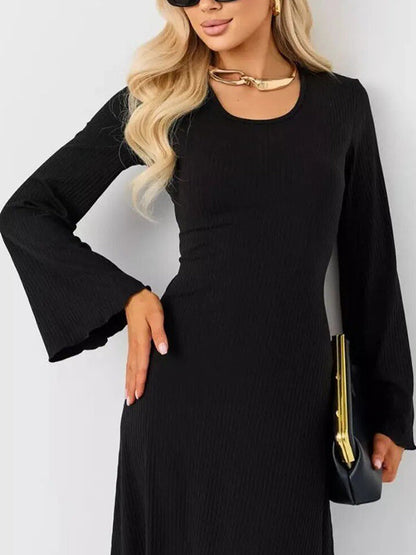 Long Sleeves Pleated Ruffled Solid Color Split-Joint Round-Neck Maxi Dresses