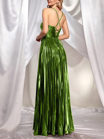 High Waisted Sleeveless Backless Hollow Pleated Shiny Solid Color Halter-Neck Maxi Dresses