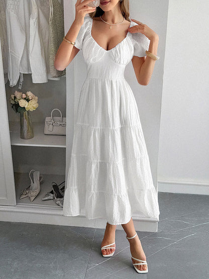 A-Line Loose Backless Pleated Solid Color Tied V-Neck Midi Dresses