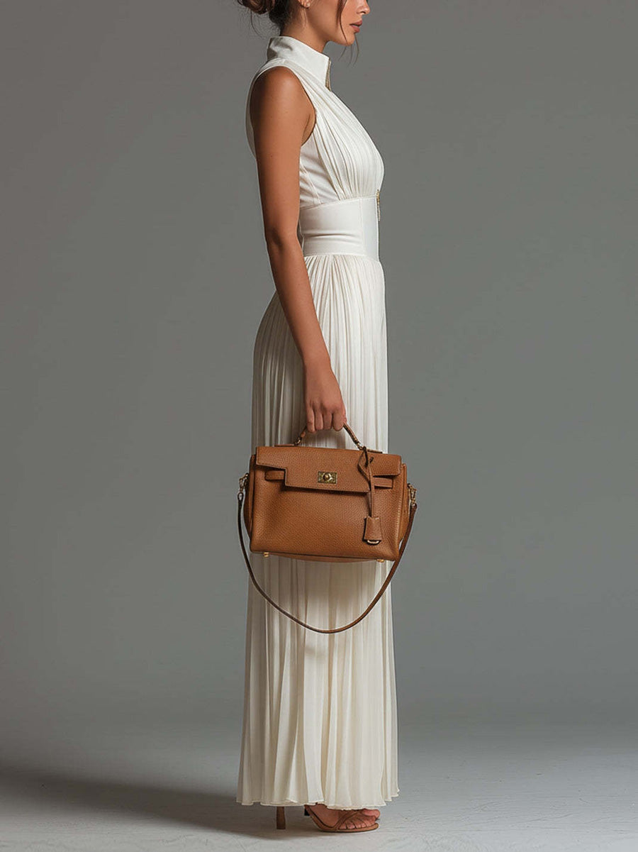 High Waisted Sleeveless Pleated Solid Color Zipper V-Neck Jumpsuits