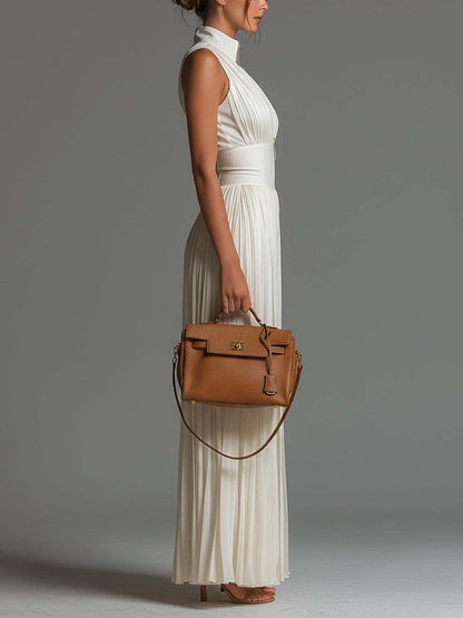 High Waisted Sleeveless Pleated Solid Color Zipper V-Neck Jumpsuits