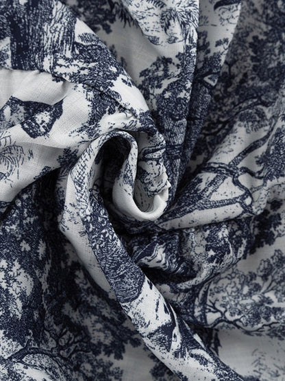 Loose Puff Sleeves Pleated Printed Split-Joint Tied Waist Lapel Mini Dresses Shirt Dress