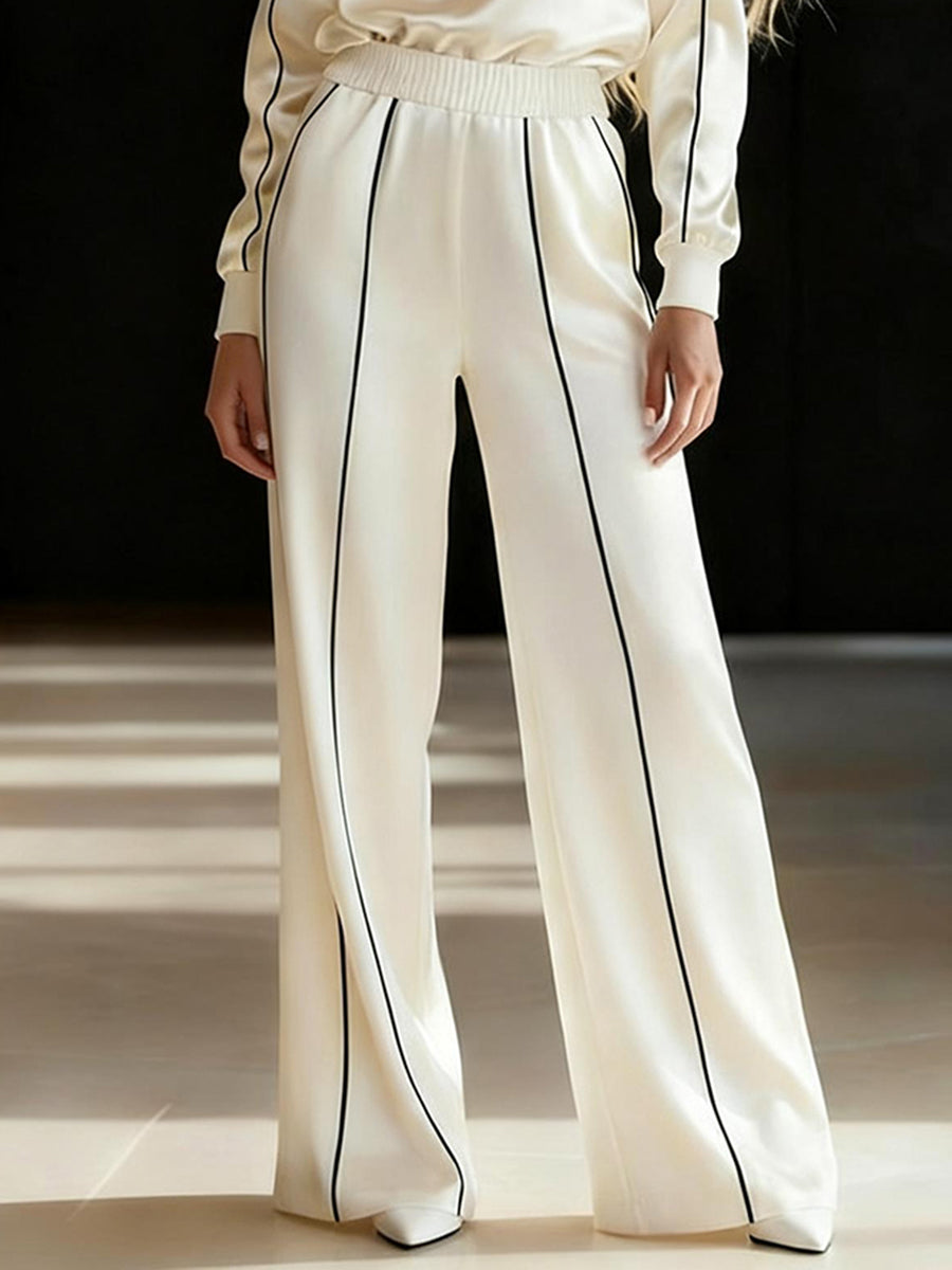 Elasticated Waist High Waisted Contrast Color Line Split-Joint Pants
