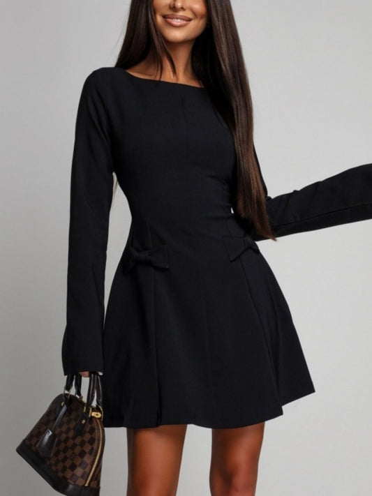 A-Line Long Sleeves Solid Color Zipper Round-Neck Mini Dresses