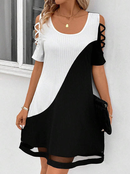 A-Line Loose Contrast Color Hollow Mesh Split-Joint Cold Shoulder Mini Dresses