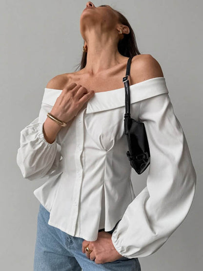 Long Sleeves Loose Buttoned Elasticity Pockets Solid Color Off-The-Shoulder Blouses&Shirts Tops